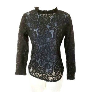 ADELE BERTO Women Blouse‎ SZ M Black Lace Floral Ruffle Collar Sheer Goth Rave
